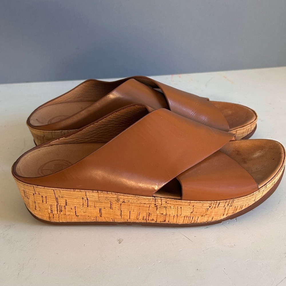 FitFlop wedge sandals womens size 8 KYS Brown Leather Criss Cross minimalist - Picture 6 of 9